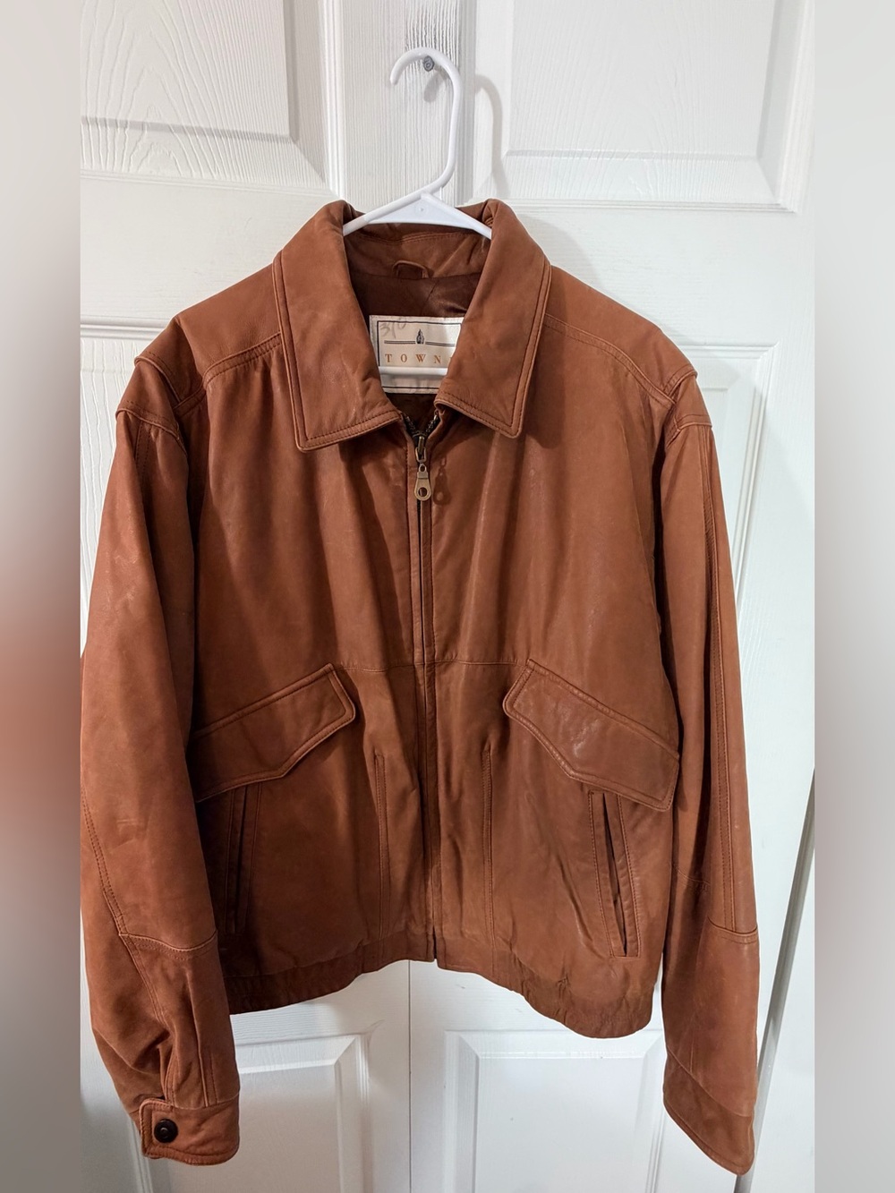 Towne London Fog Mens Leather Bomber Jacket Rust Brown Large Coat